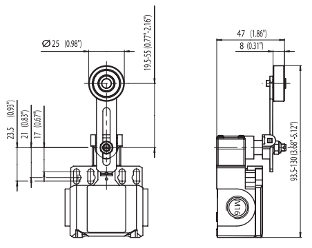 Концевой  выключатель BI2-SU1 AV, с боковым рычагом и роликом