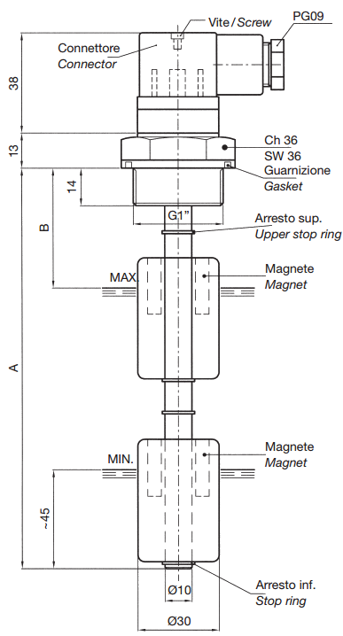 Реле рівня LMM1TPA, зі стопорним кільцем