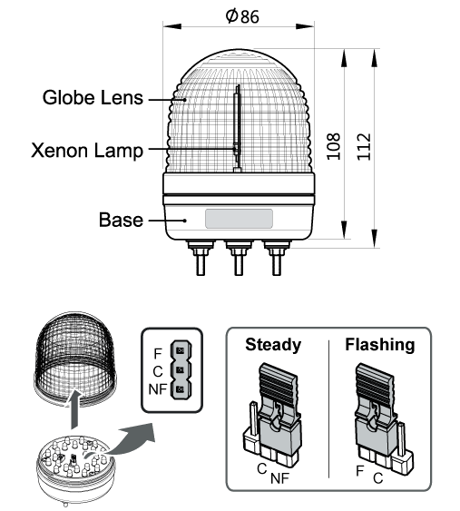 Компактний проблисковий маячок MS86, з двома варіантами плафонів