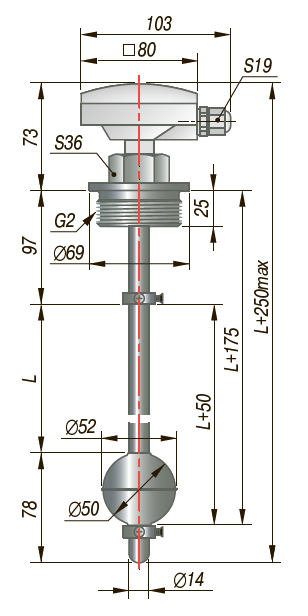 Датчик рівня ПДУ-В. 250 поплавковий з аналоговим виходом 4-20mA