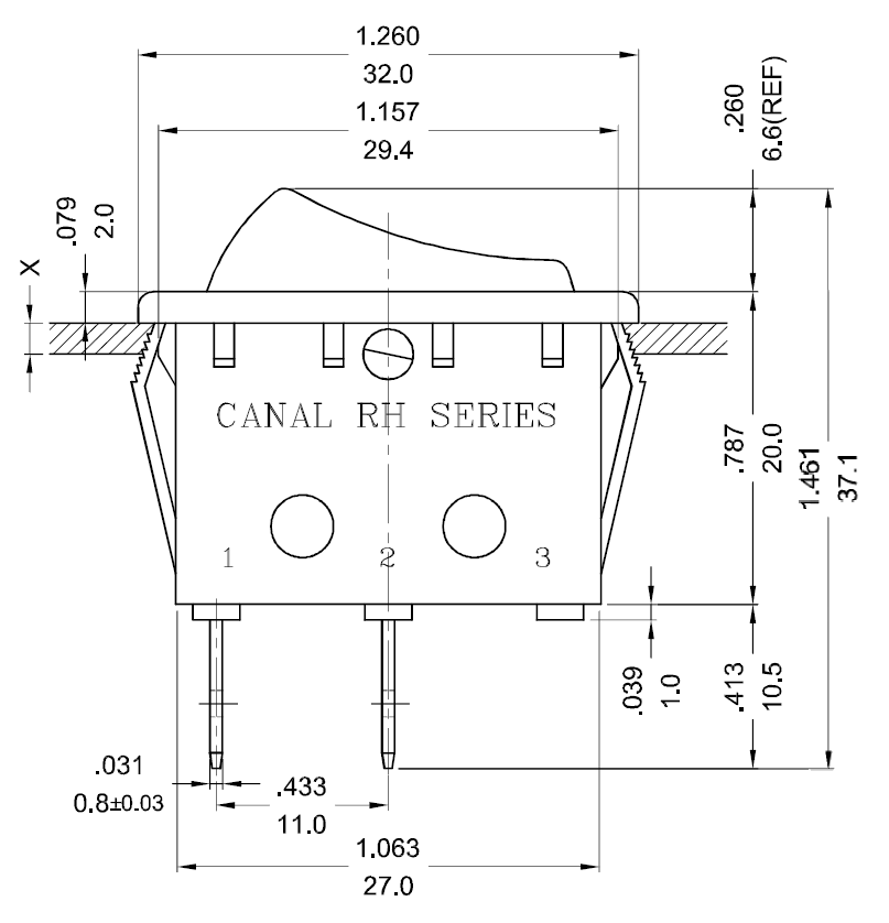 Переключатель клавишный миниатюрный RH110-C5N, двухпозиционный, без индикации