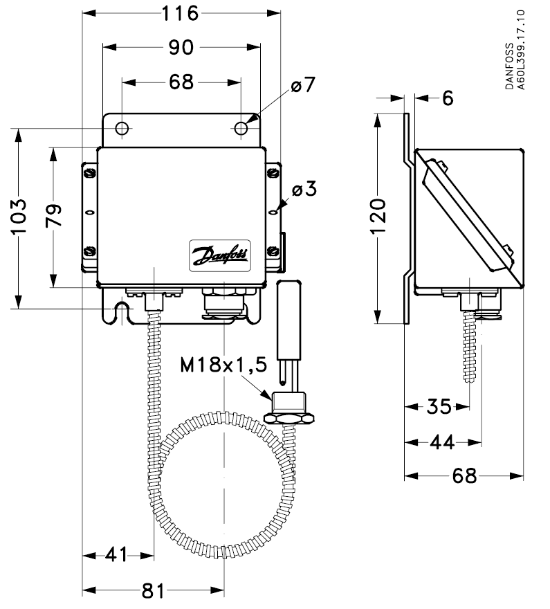 Реле температуры KPS 76, с дистанционным датчиком и бронированной капиллярной трубкой